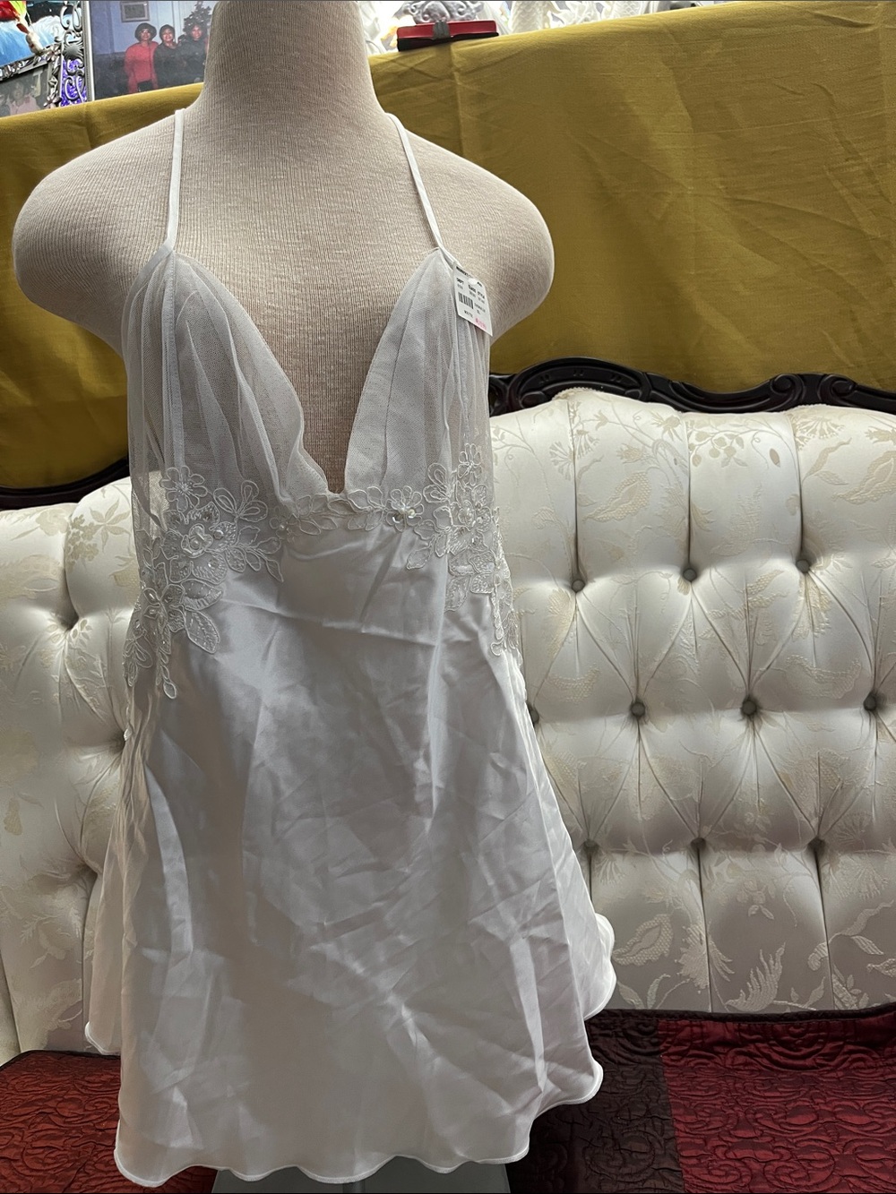 Frederick's of Hollywood White Lace-Embellished Satin Chemise NWT